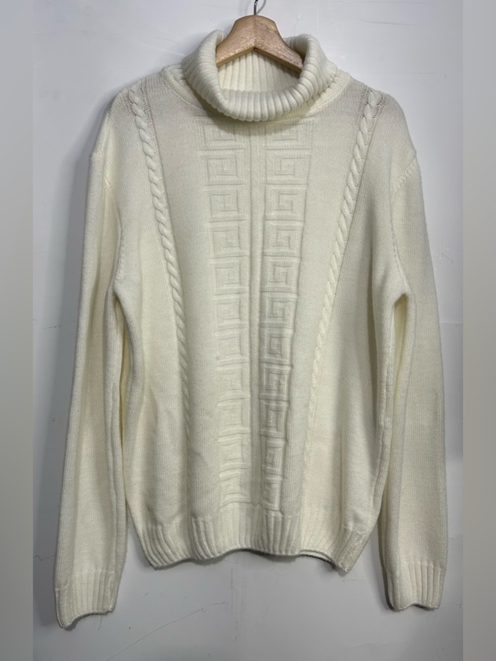Suslo Couture Men's Fashion Cream Wool Blend Turtleneck Sweater Large